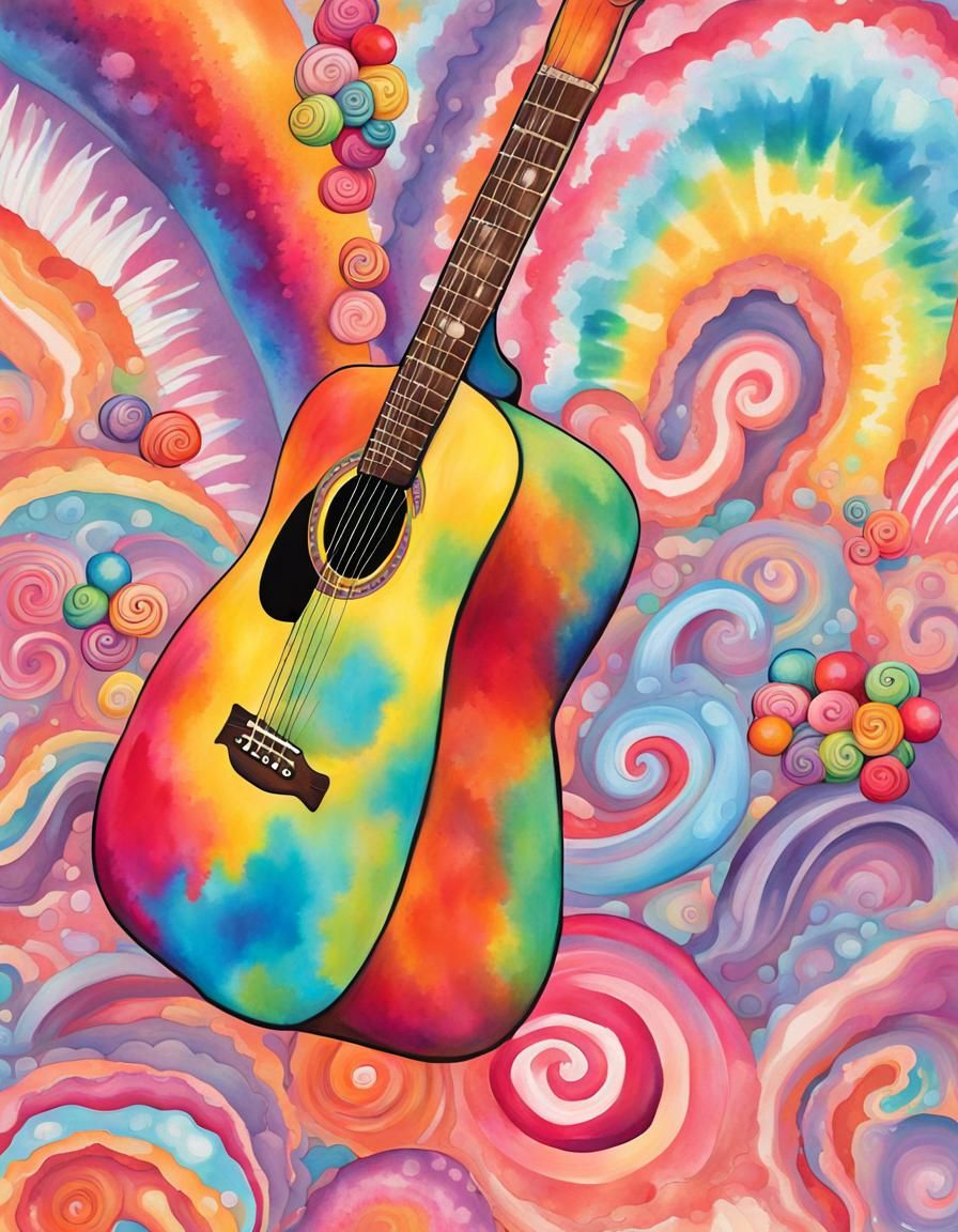 Psychedelic Acoustic Guitar Art in Gouache Style