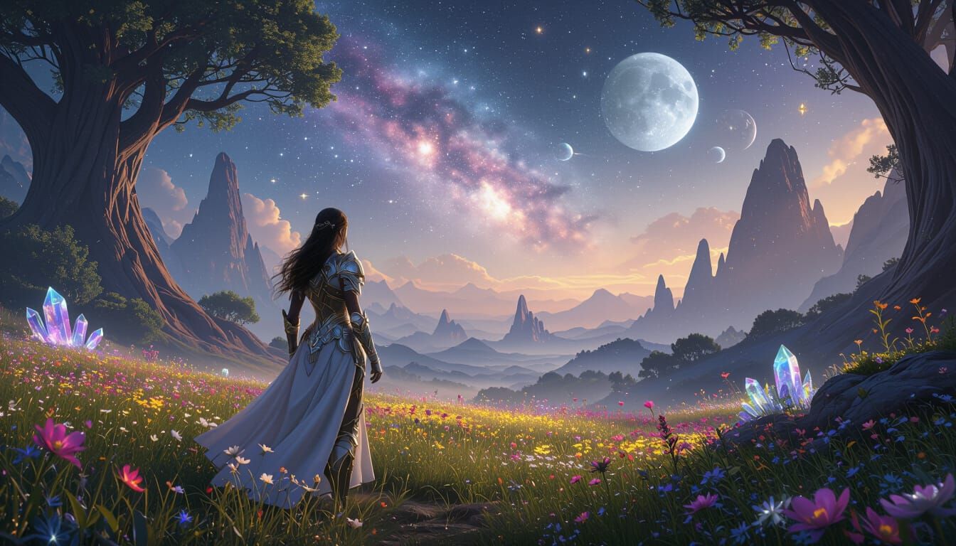 Fantasy Heroine Gazes at Cosmic Landscape in Hyper-Realistic...