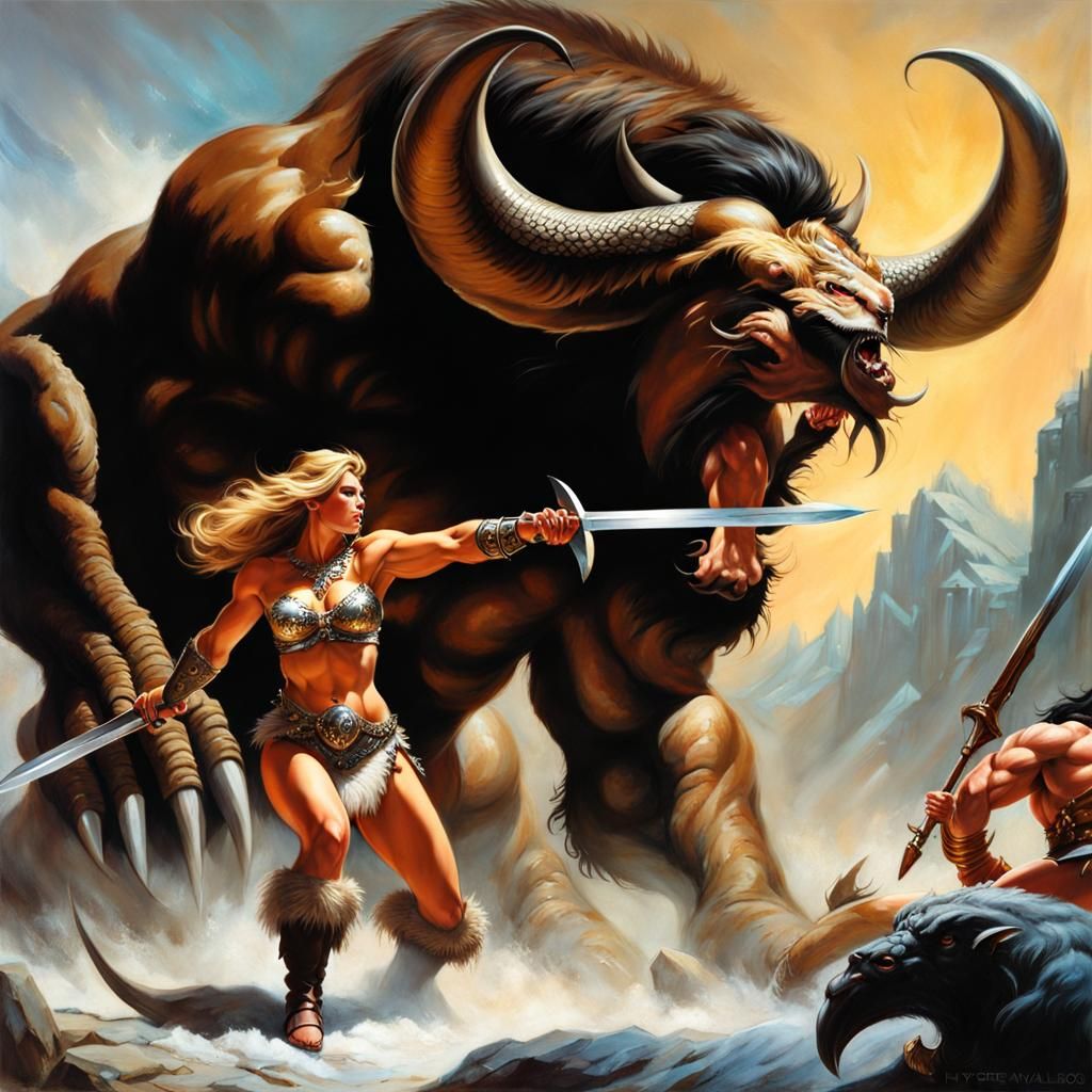 Barbarian Woman Fighting Beast in Fantasy Art Style