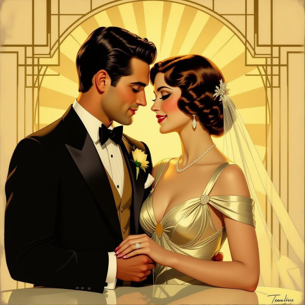 Art Deco Couple's Luminous Embrace in Golden Light
