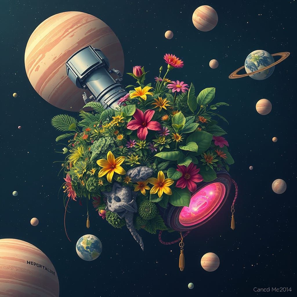 Living Satellite Among Stars in Futuristic Surreal Style