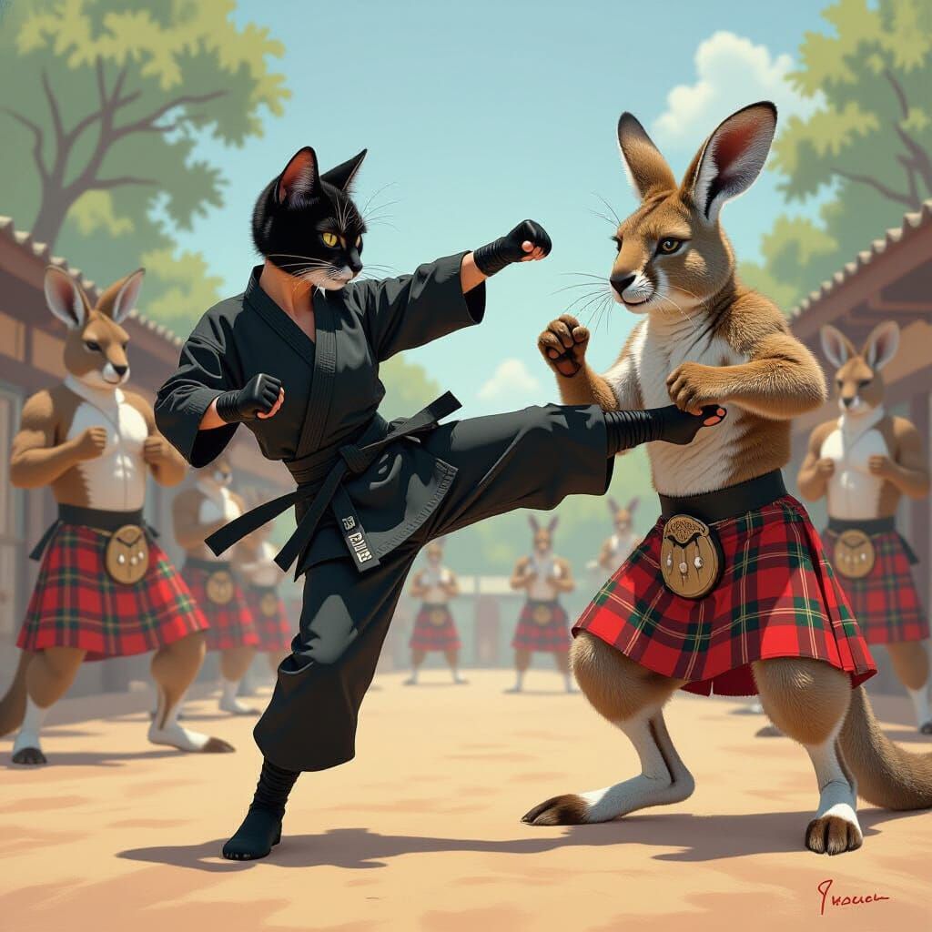 Cat-Woman Hybrid Karate Fight with Kilted Kangaroo-Men