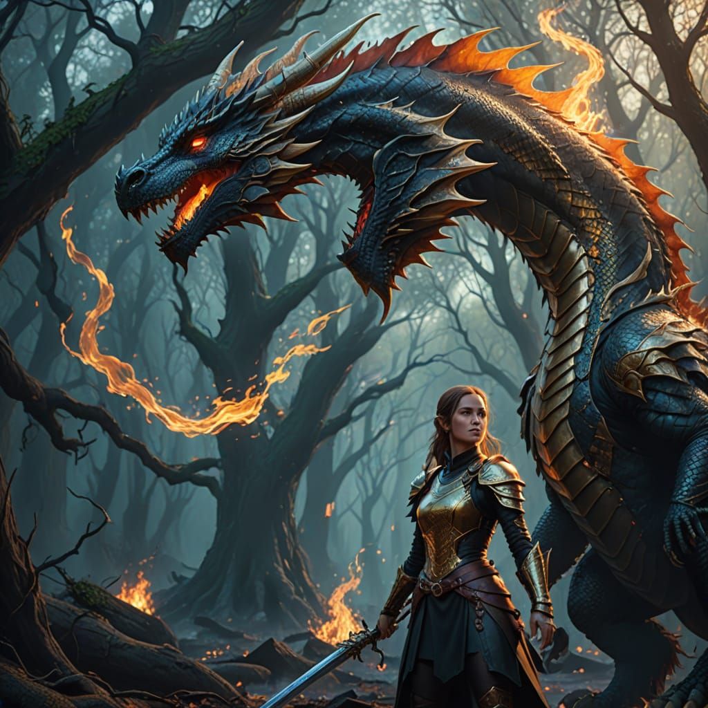 Fantasy Fire Dragon Protects Girl: Digital Art