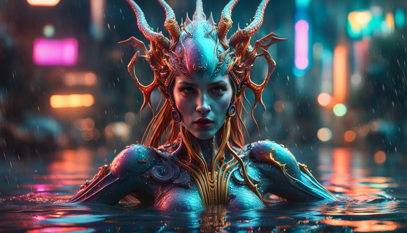 Hyperrealistic Mermaid Demon with Intricate Mech Details