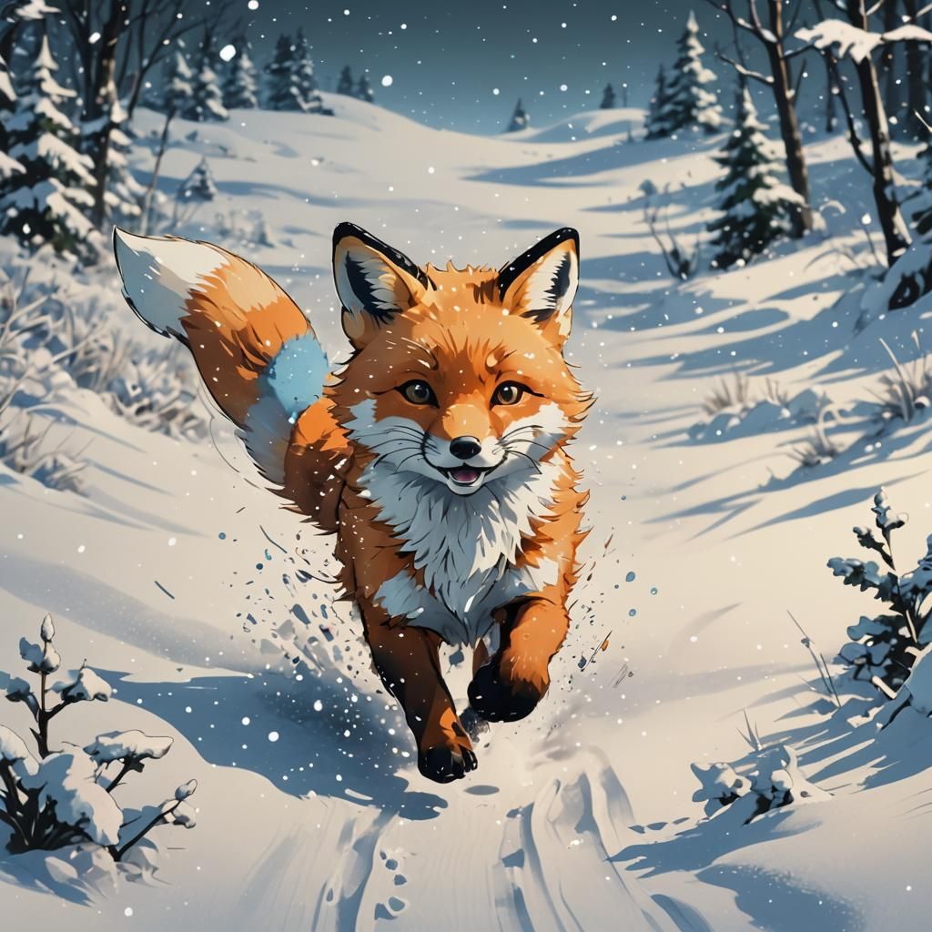Cute Fox in Snow: Cel-Shaded Digital Art