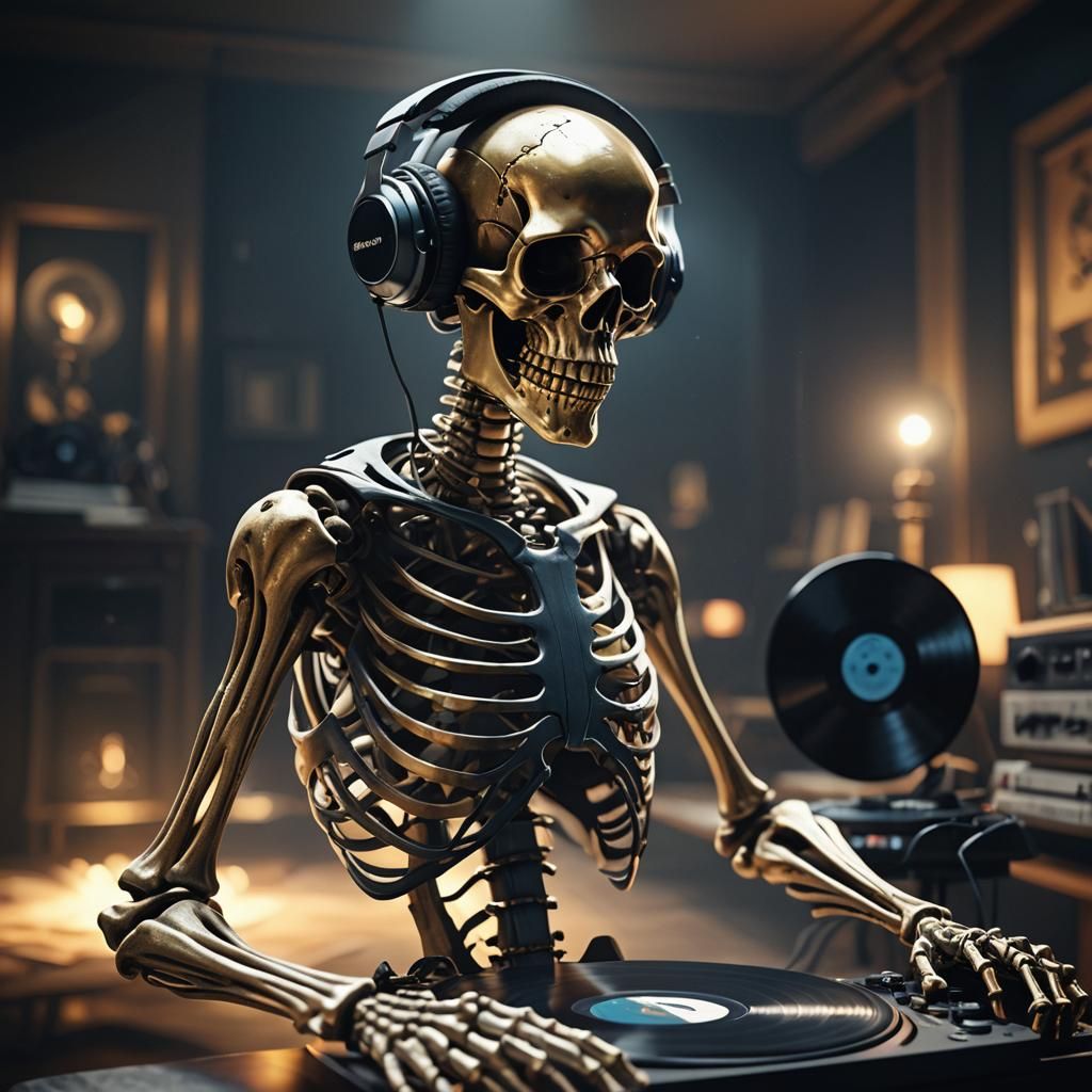 Skeleton DJ in Dimly Lit Room: 3D Game Art