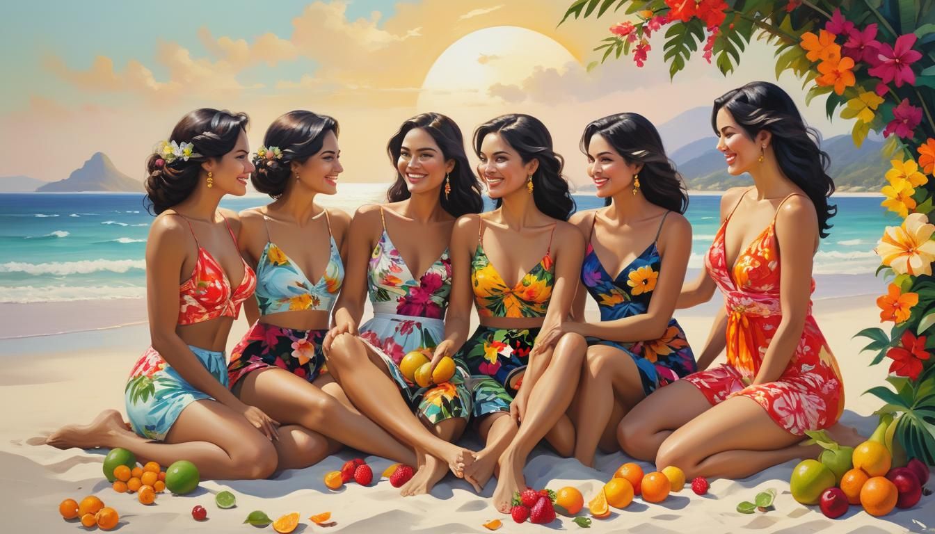 Women on Beach in Vibrant Oil Painting
