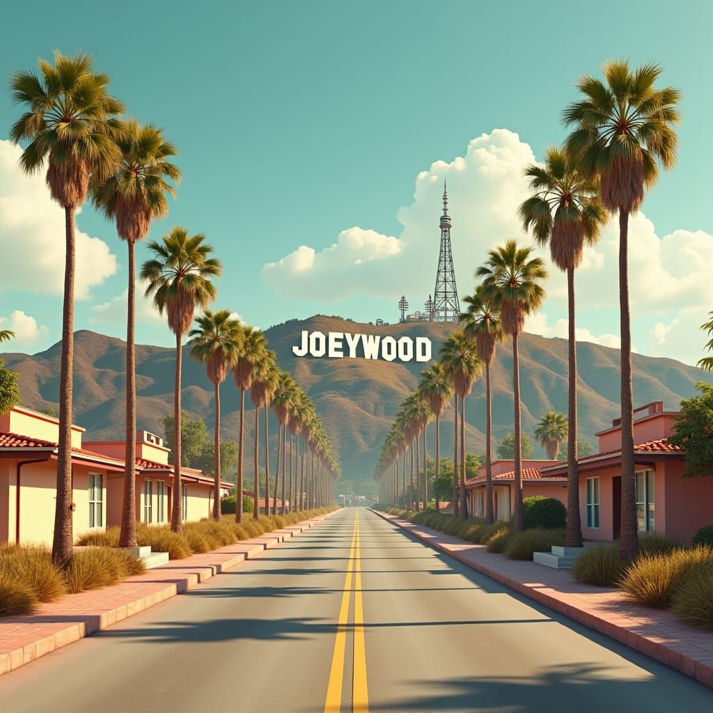 Retro Landscape with JOEYWOOD Sign in 1950s Style