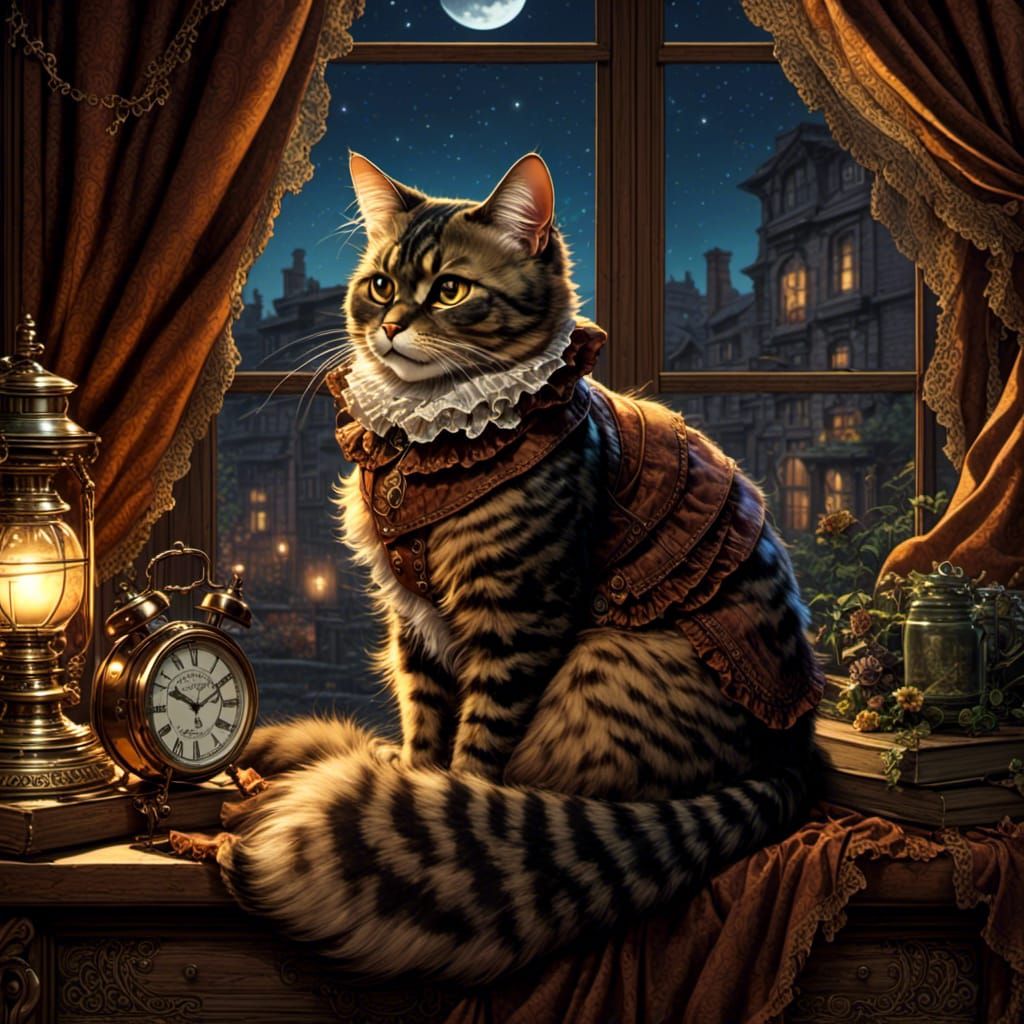 Steampunk Cat Watches Moon From Bed