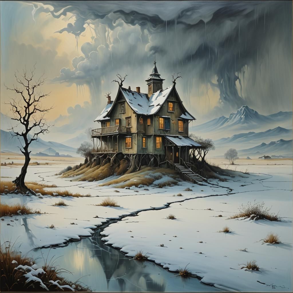 Surreal Winter House in Fog, Dali-esque Oil Painting
