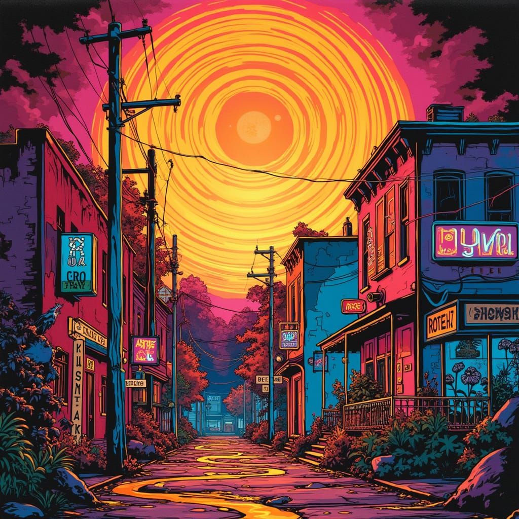 Neon Midwestern Town in Cyberpunk Retrowave Style