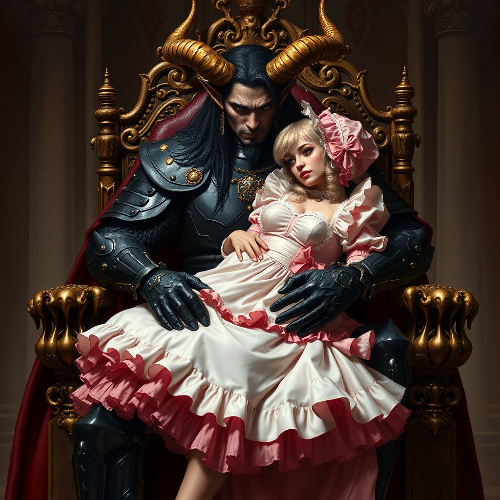 Demon King with French Maid on Throne