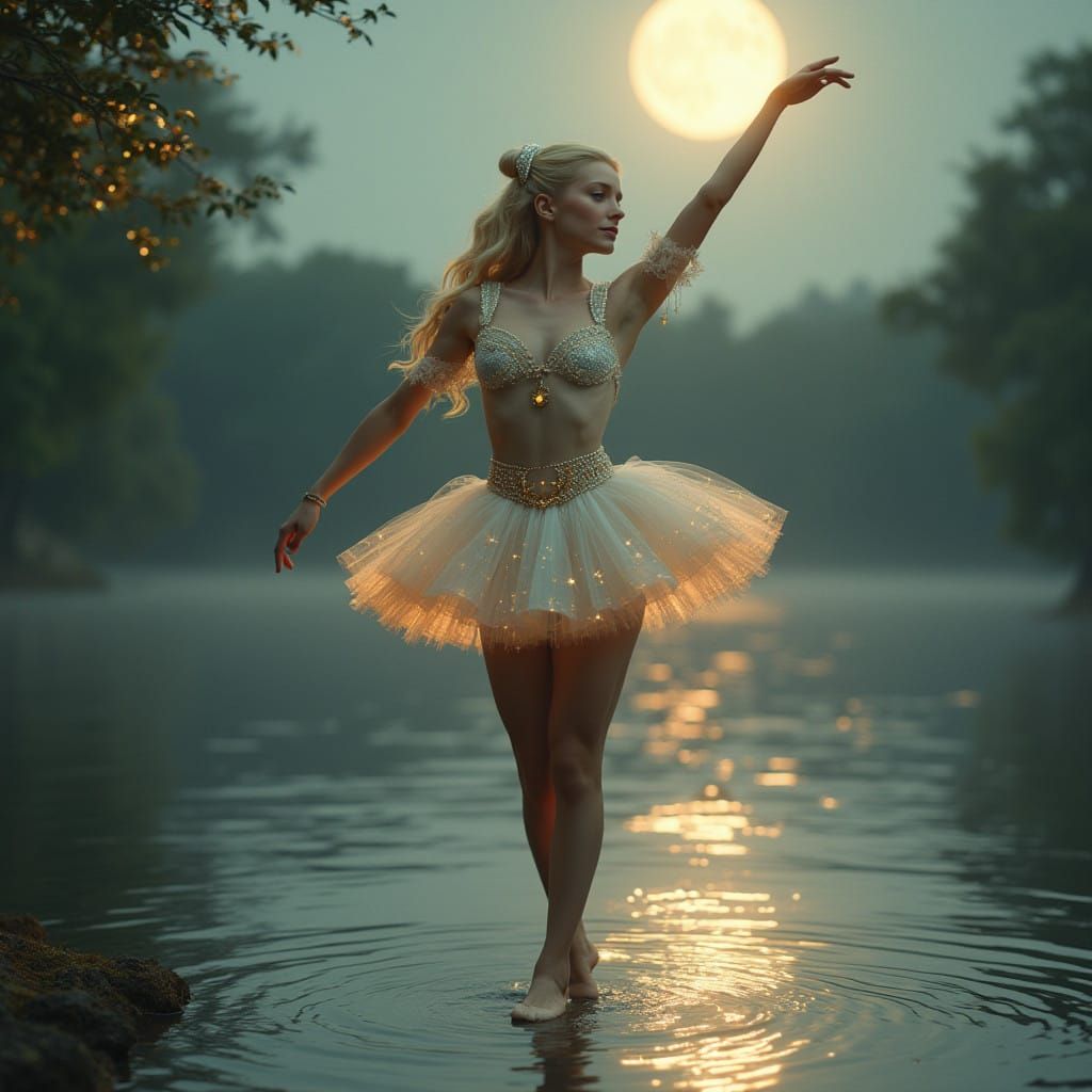 Ethereal Ballerina in Sailor-Inspired Tutu Under Full Moon