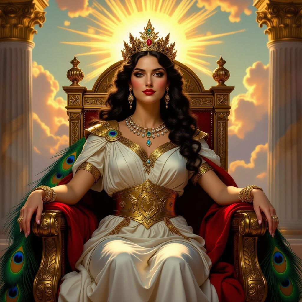 Hera, Queen of Gods, Seated on Throne in Golden Light