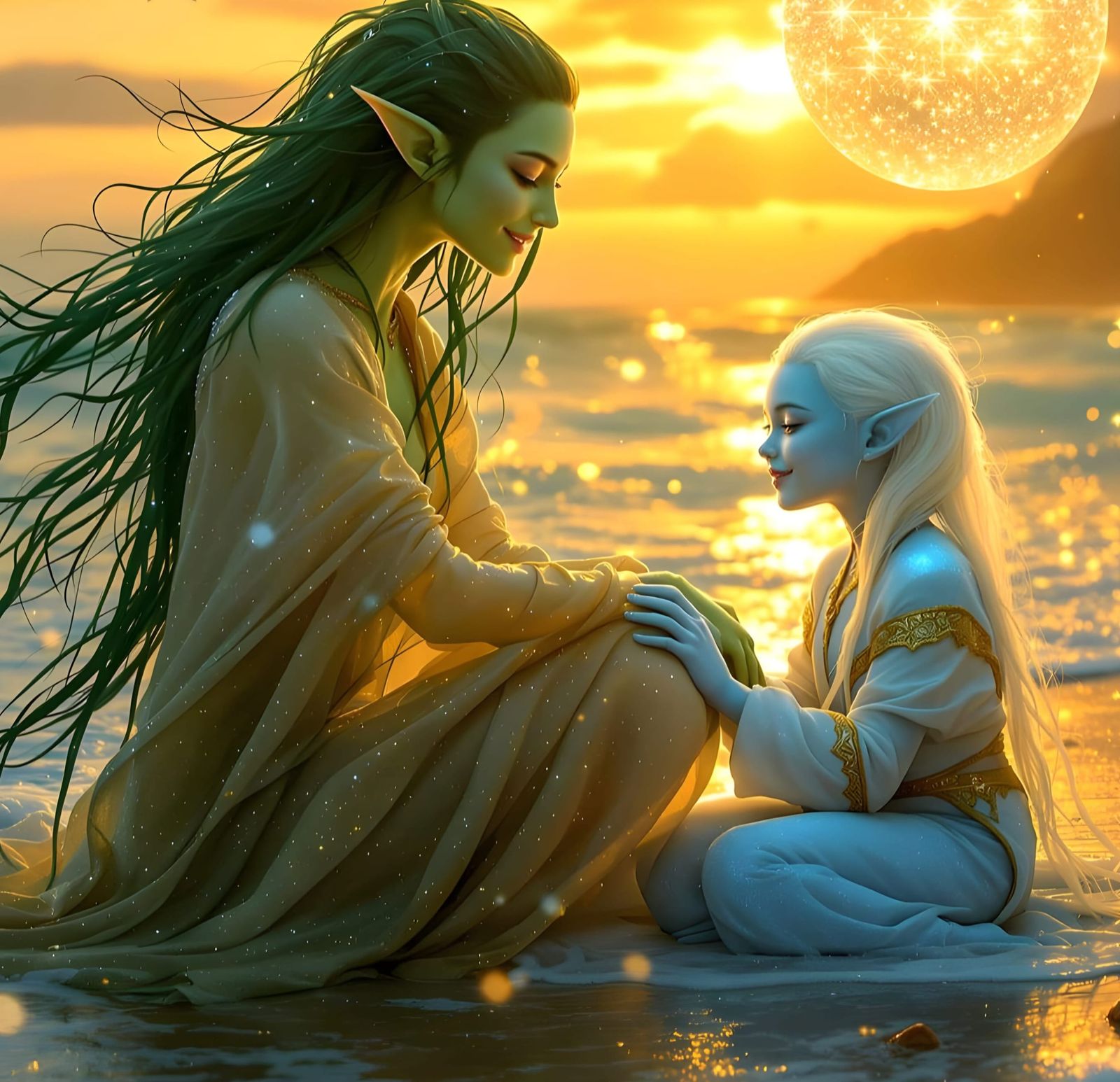 Alien Family Cuddles by Spaceship on Pristine Beach at Dawn