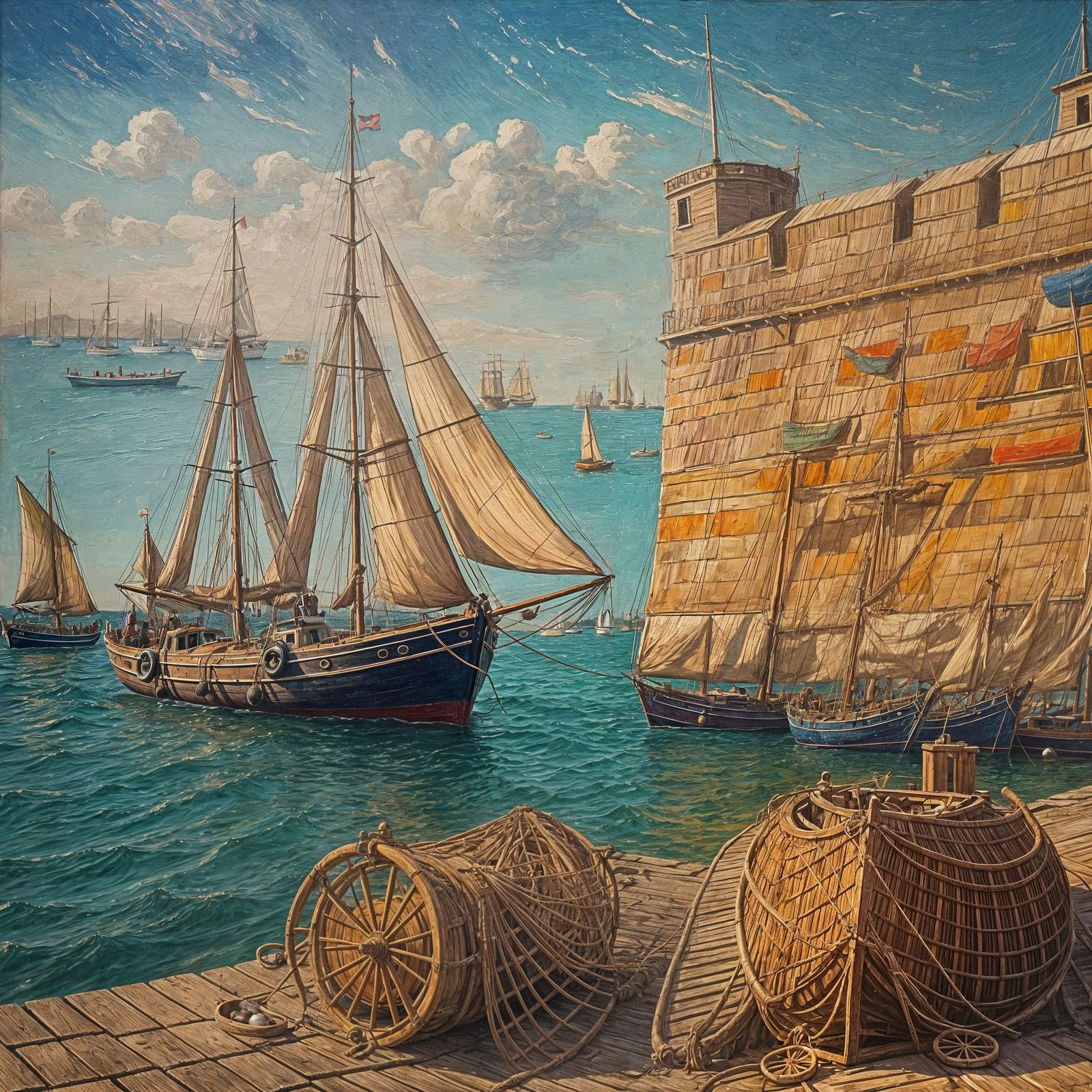 Harbor with Sailing Boats: An Impasto Oil Painting