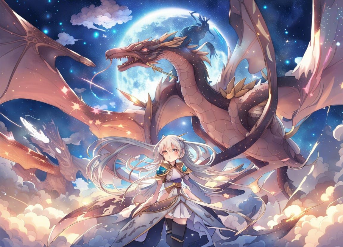 Dragons and Starlit Skies in Anime Style