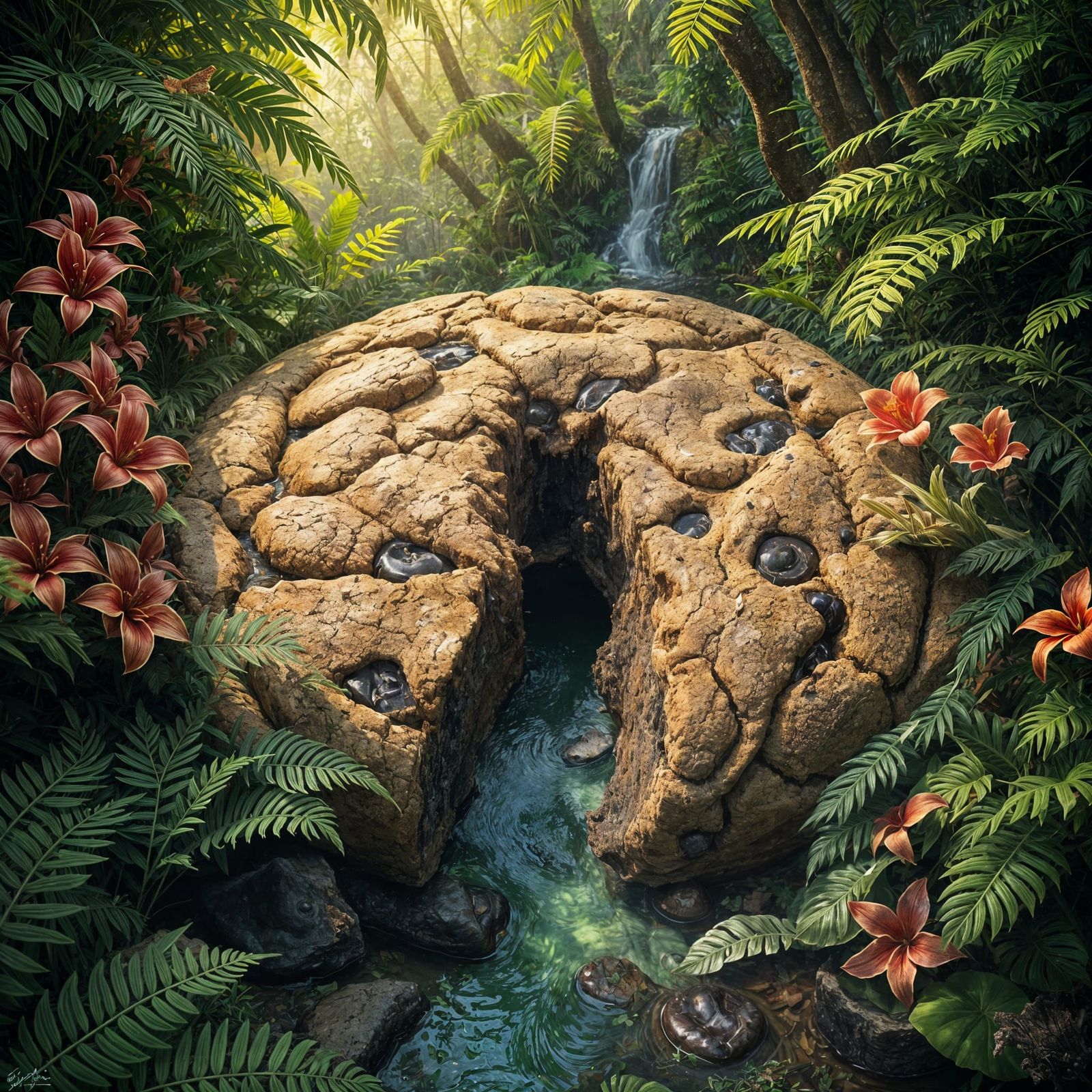 Giant Cookie in Jungle, Matte Painting Style