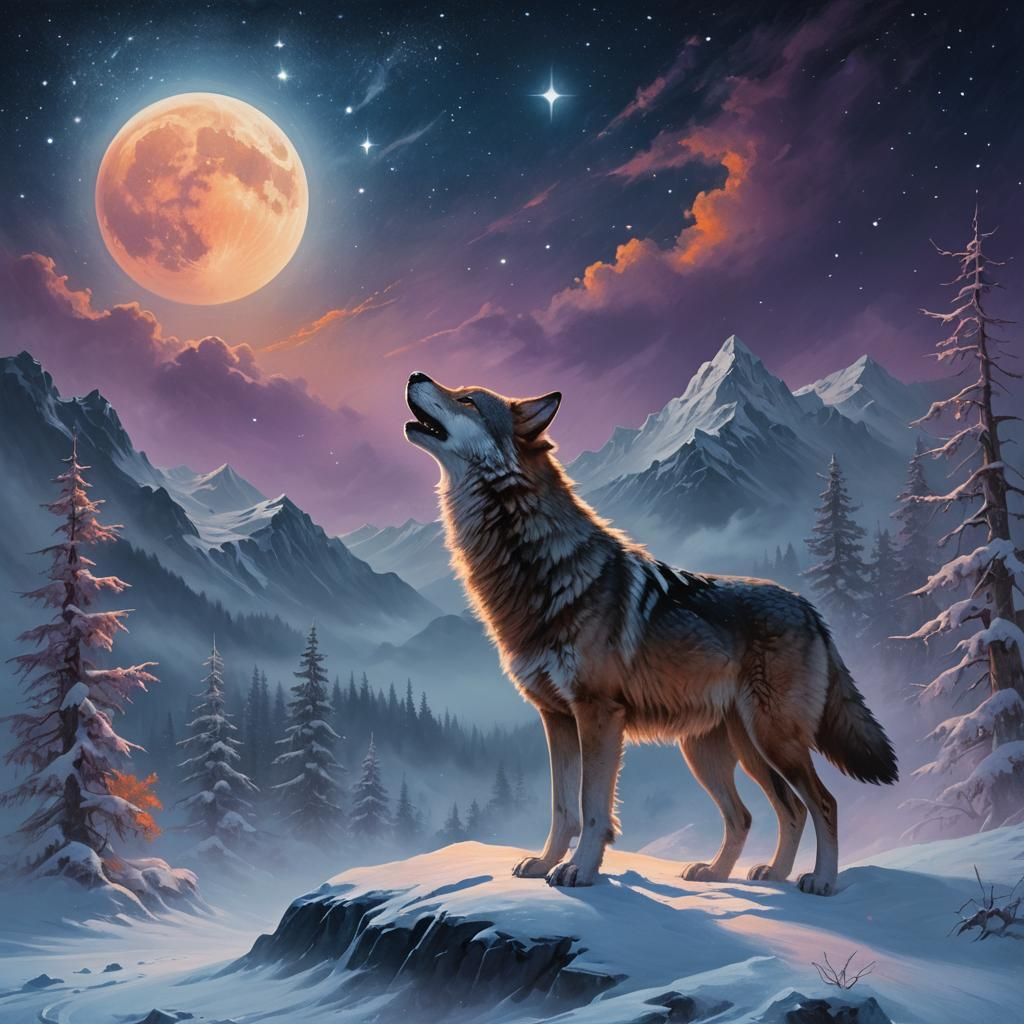 Wolf Howling at Moon in Aivazovsky Style