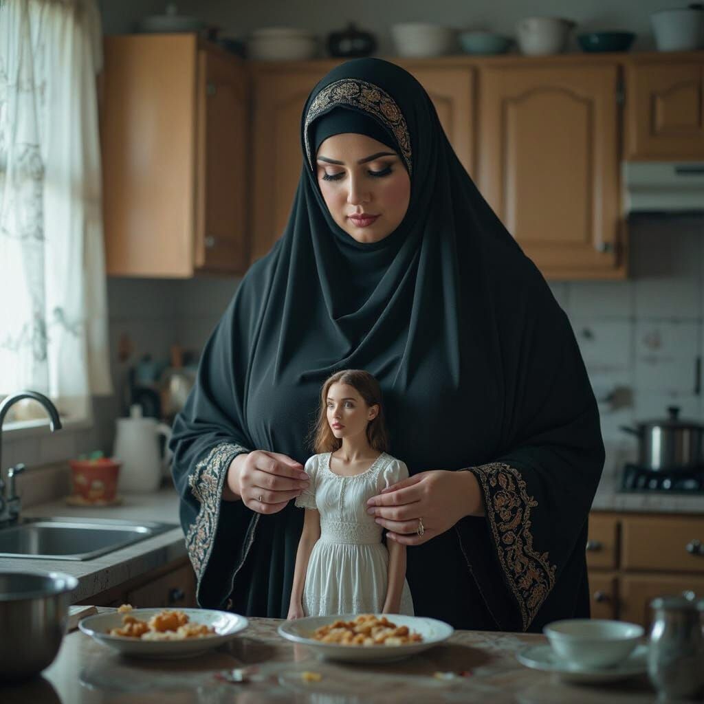 Gigantic Woman Consuming Tiny Woman: Cinematic Film Still