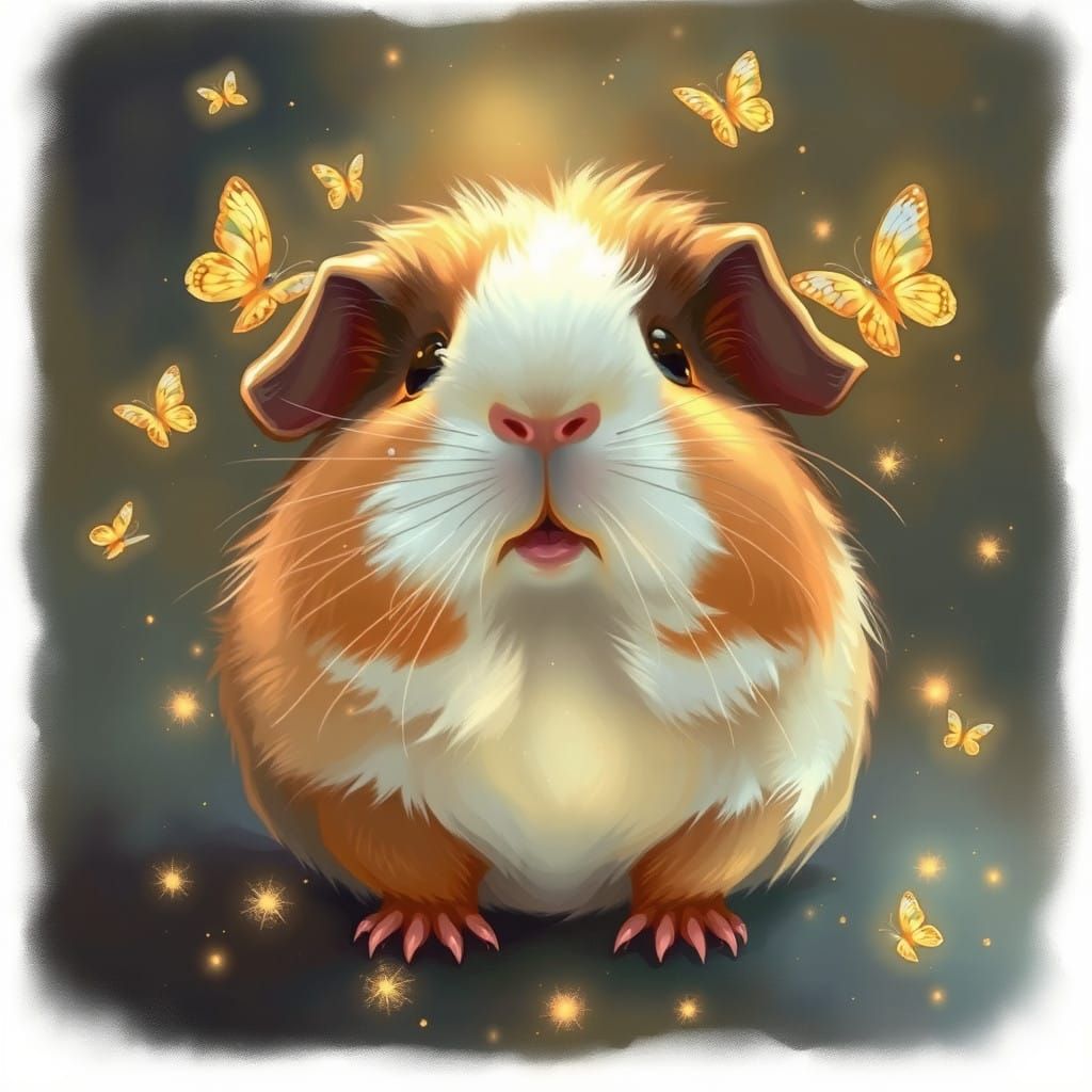 Whimsical Guinea Pig Surrounded by Bioluminescent Butterflie...