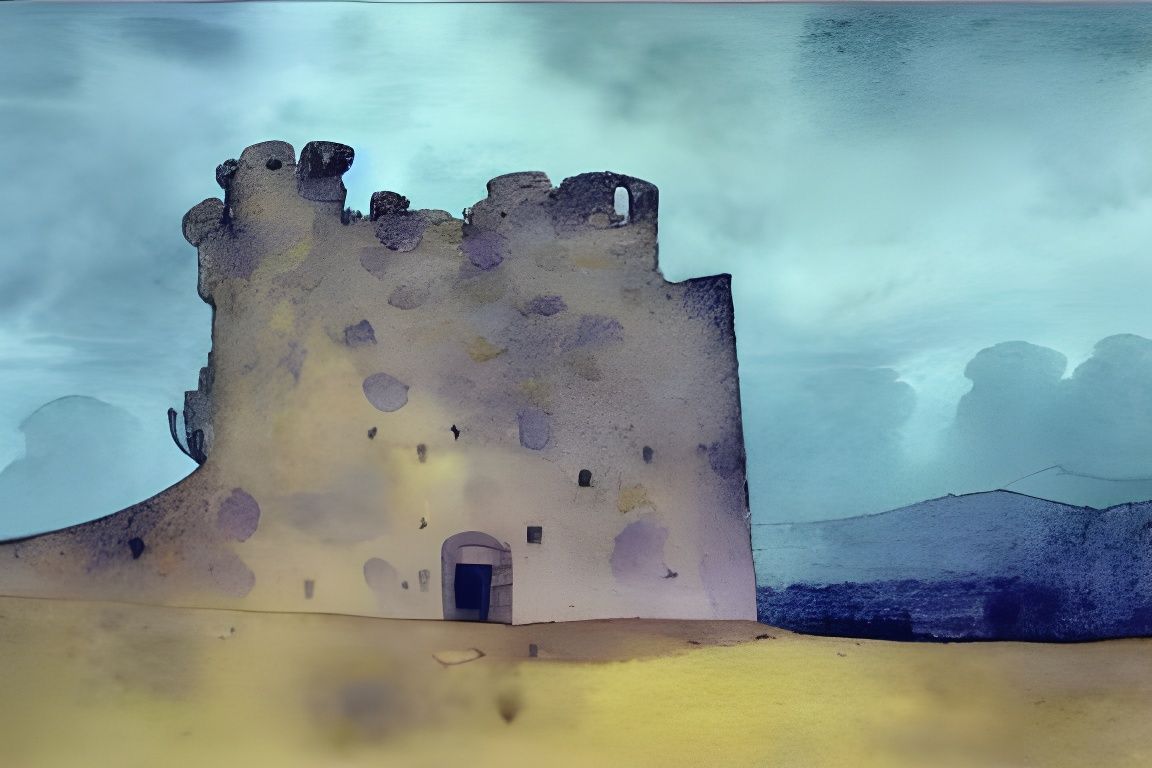 Ancient Castle Ruins Under Stormy Sky Watercolor