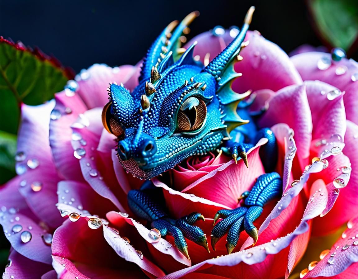 Tiny Blue Dragon Sleeping in Rose, Macro Photography