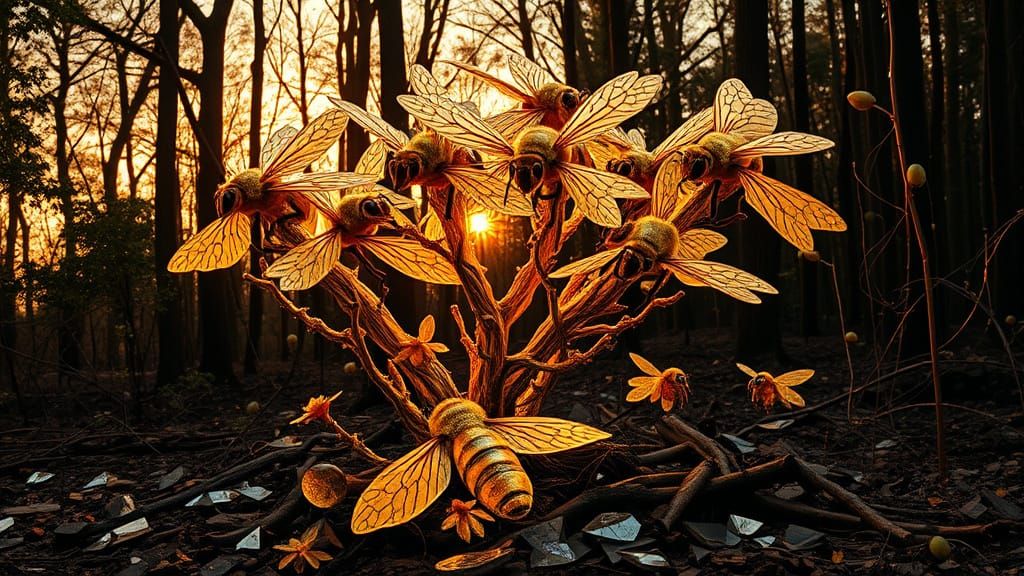Surreal Bees Forge Paths in a Golden Forest