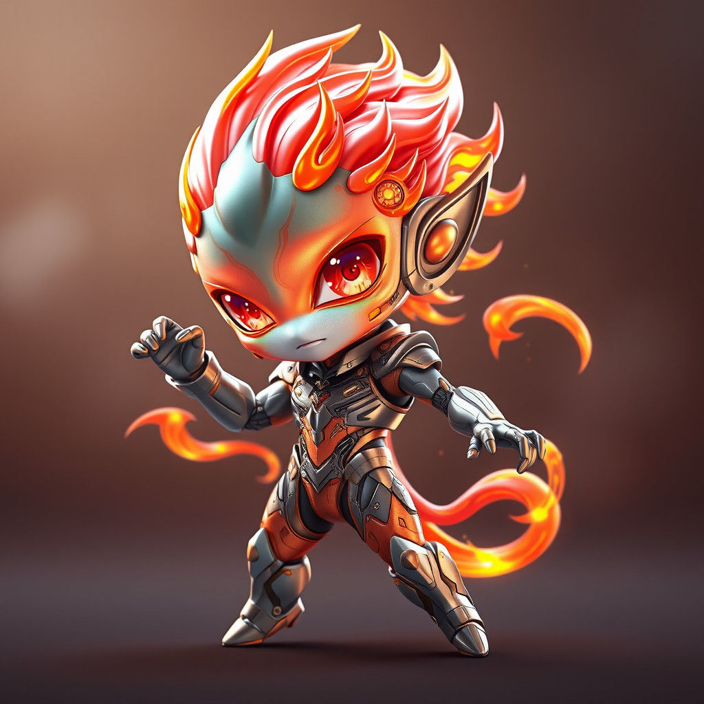 Fiery Chibi Alien Hero in High-Tech Exosuit