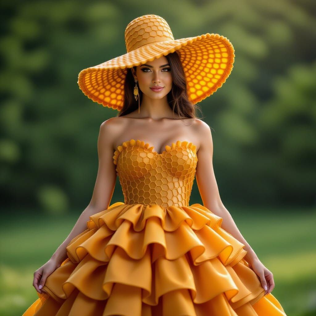Fashionable Honey Hat and Dress Ensemble