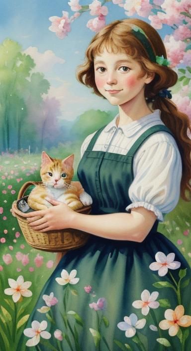 Kitten with Basket of Babies in Gouache Style