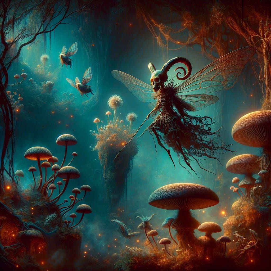 Intriguing Skull Fairy Soaring in Ominous Garden