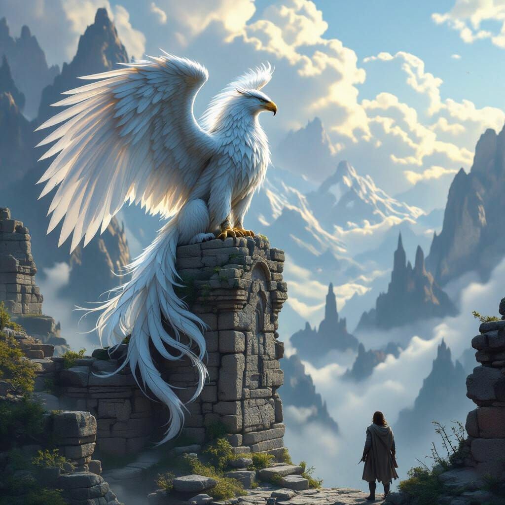 Griffin Perched Atop Crumbling Ruins in Hyperdetailed Style