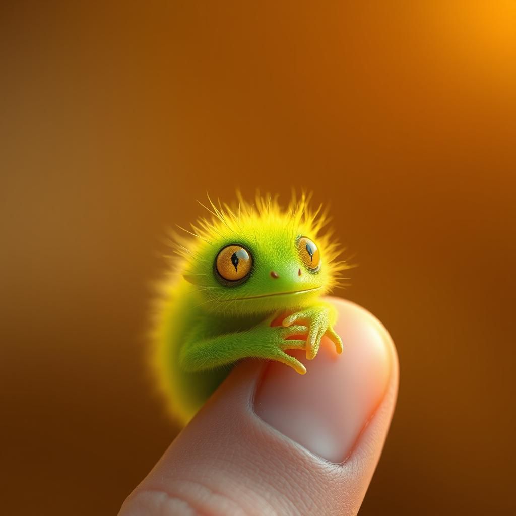 Lime Fur Monster in Gentle Fingers, Detailed Digital Art