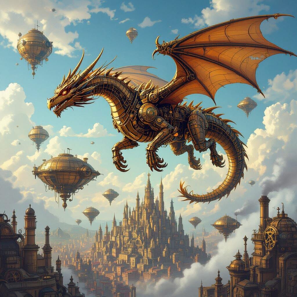 Clockwork Dragon Above Steampunk City and Islands