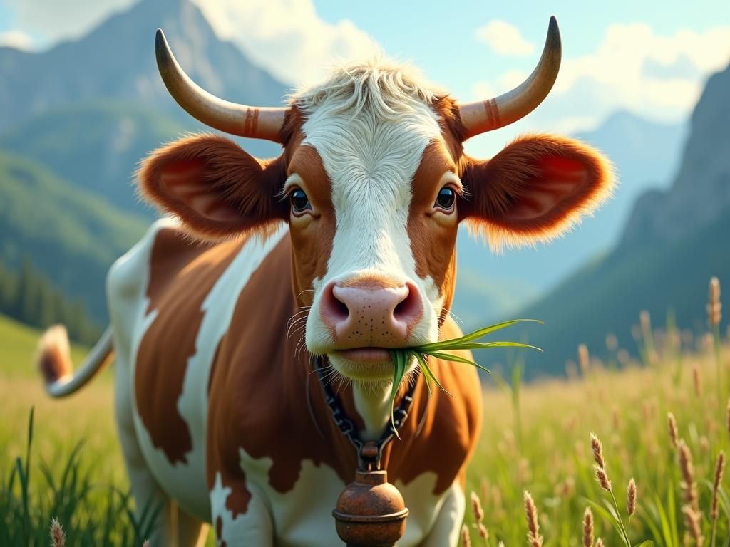 Pixar Cow Portrait in Mountain Meadow