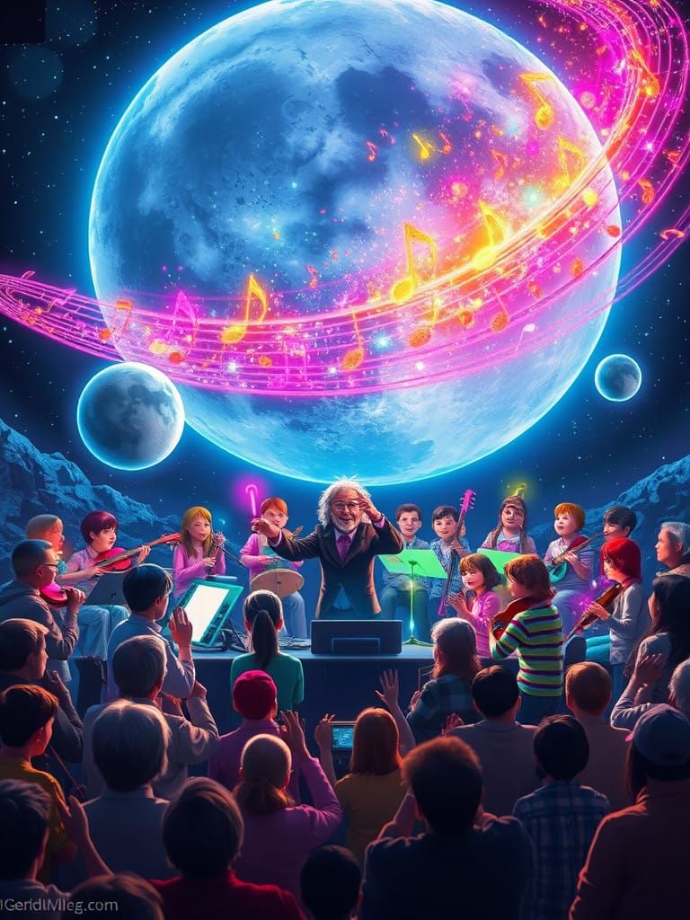 Cosmic Children's Orchestra in a Vibrant, Syd Mead-Inspired...