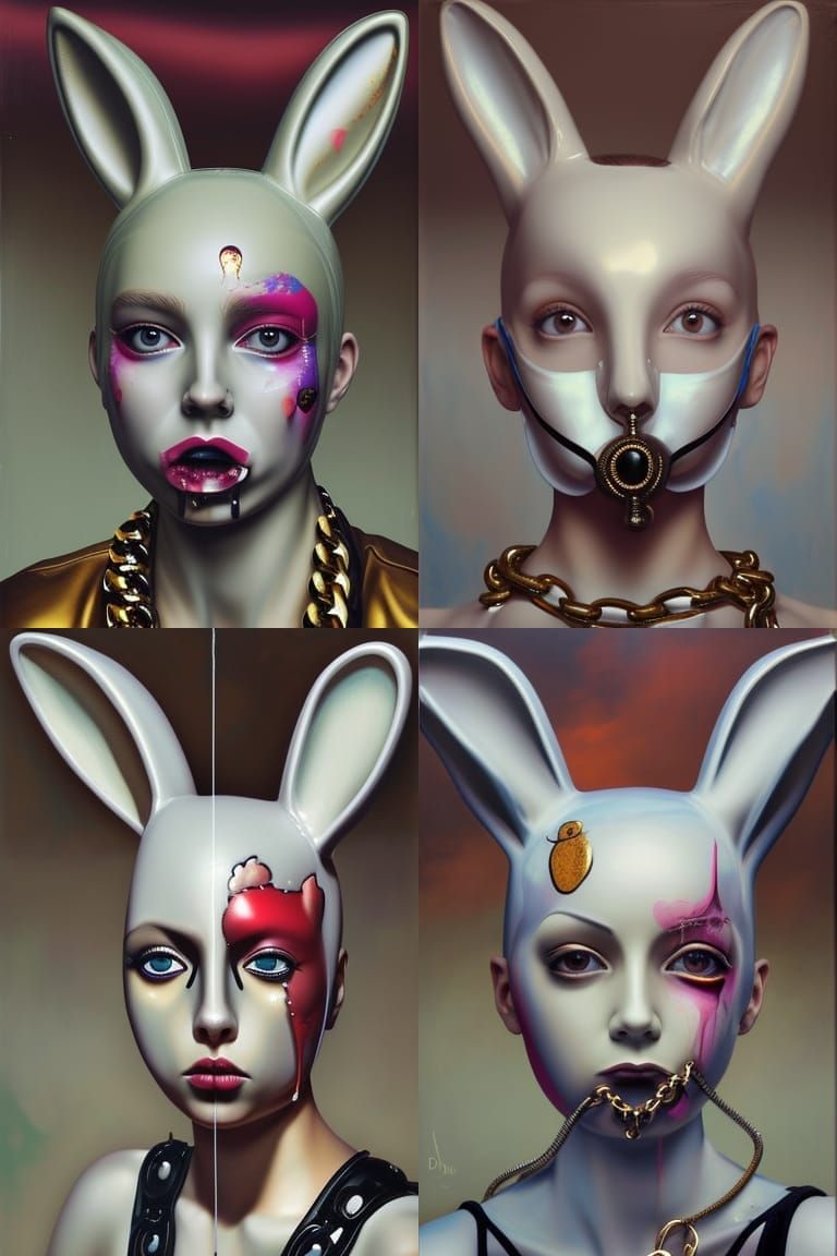 Woman in Latex Bunny Mask: Street Art Oil Painting