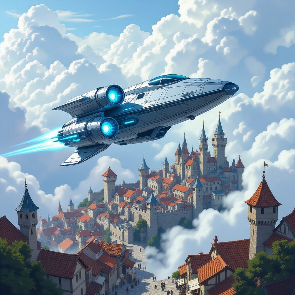 Spaceship Over Medieval Town: Whimsical Sci-Fi Art