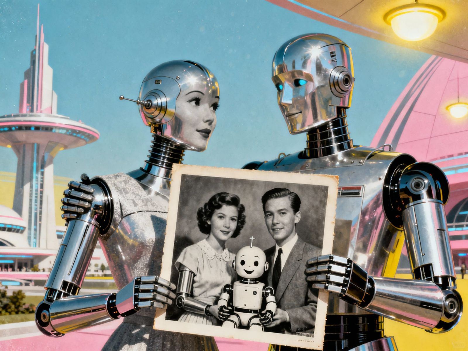 Robot Family Portrait in Retro Futuristic Style