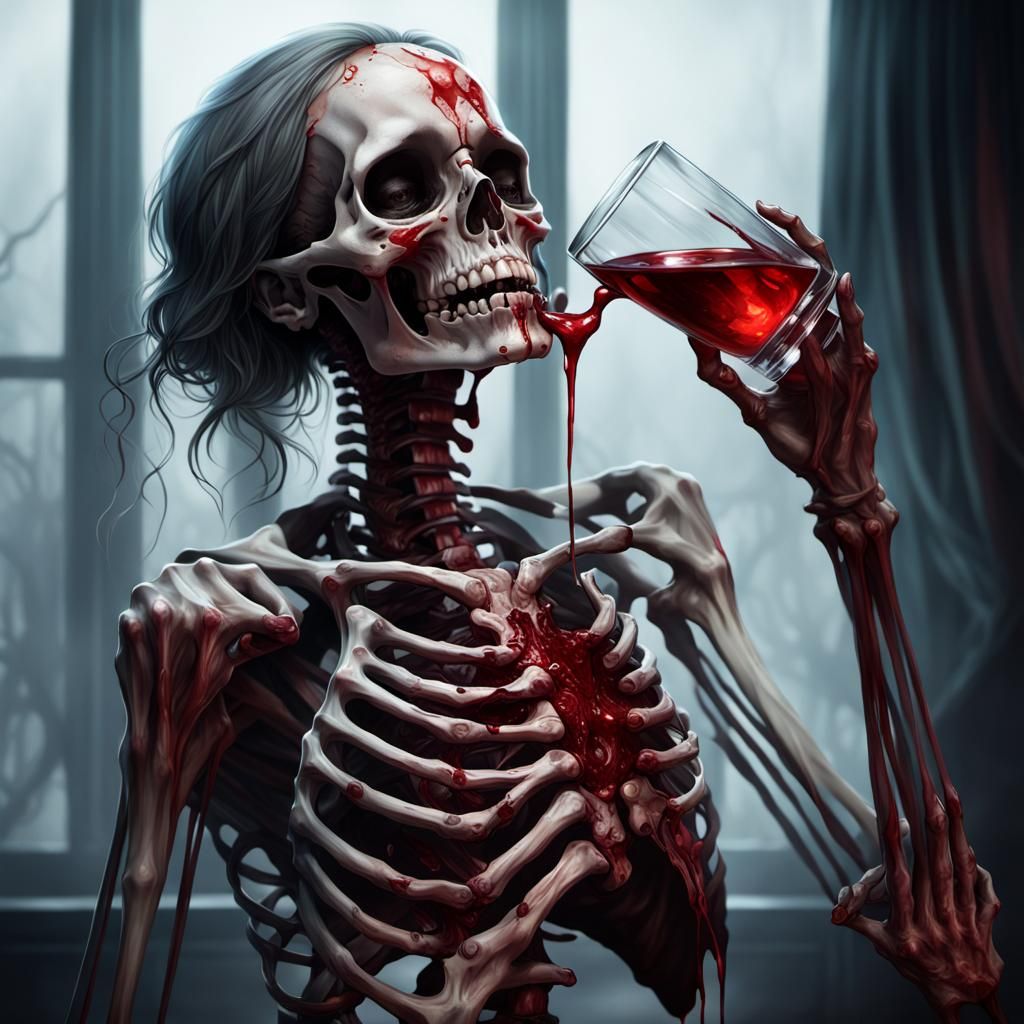 Realistic Skeleton Woman Drinks Blood, Dark Art Portrait