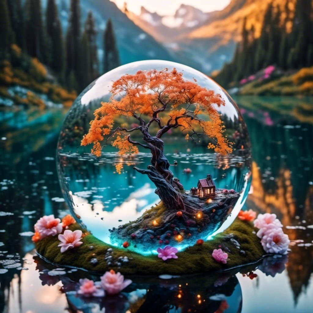 Glass Orb Reflecting Mystical Lakeside Fantasy Art