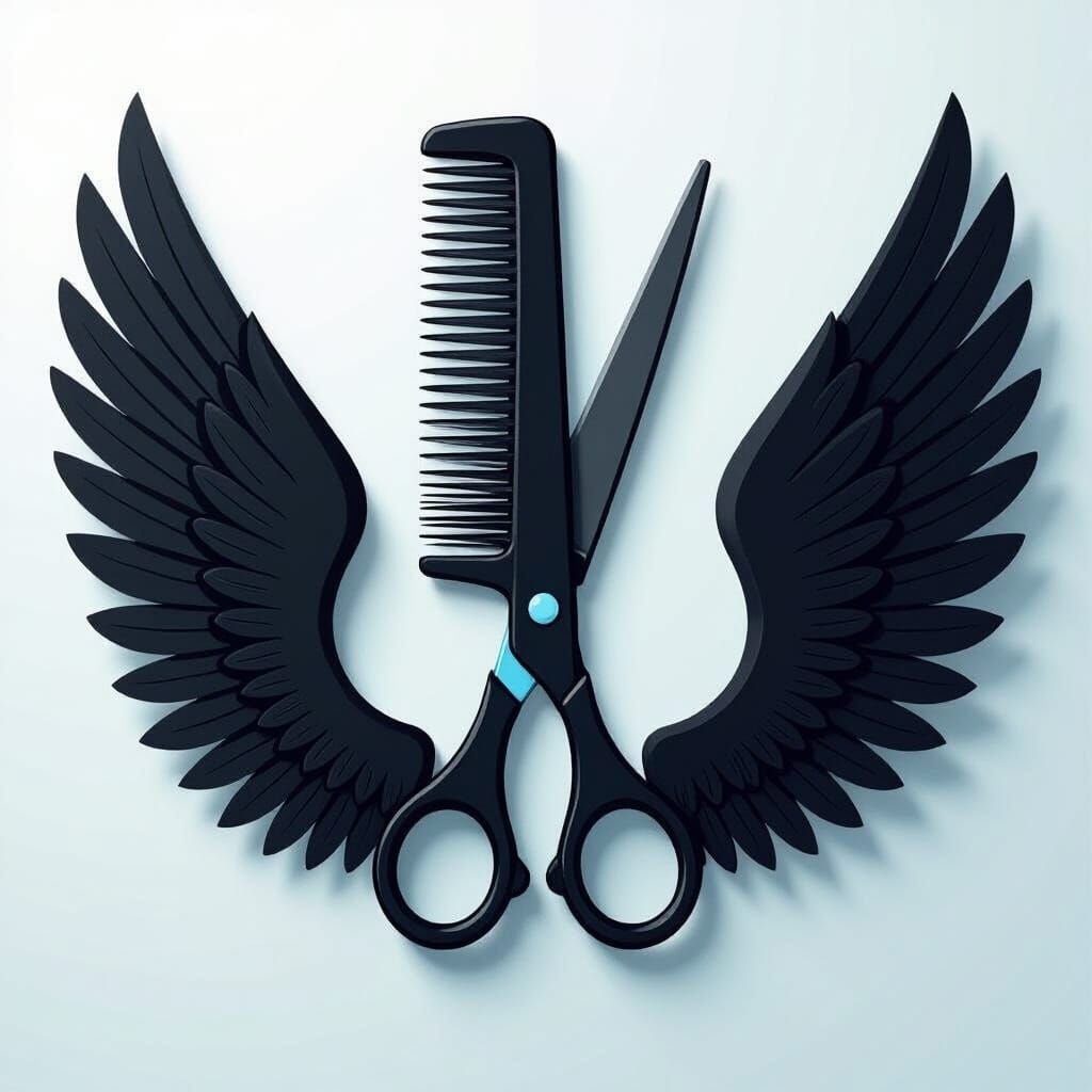 Minimalist 2D Cartoon Comb Scissors with Angel Wings