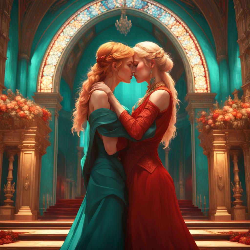 Women Kissing at Altar in Hyperdetailed Digital Art