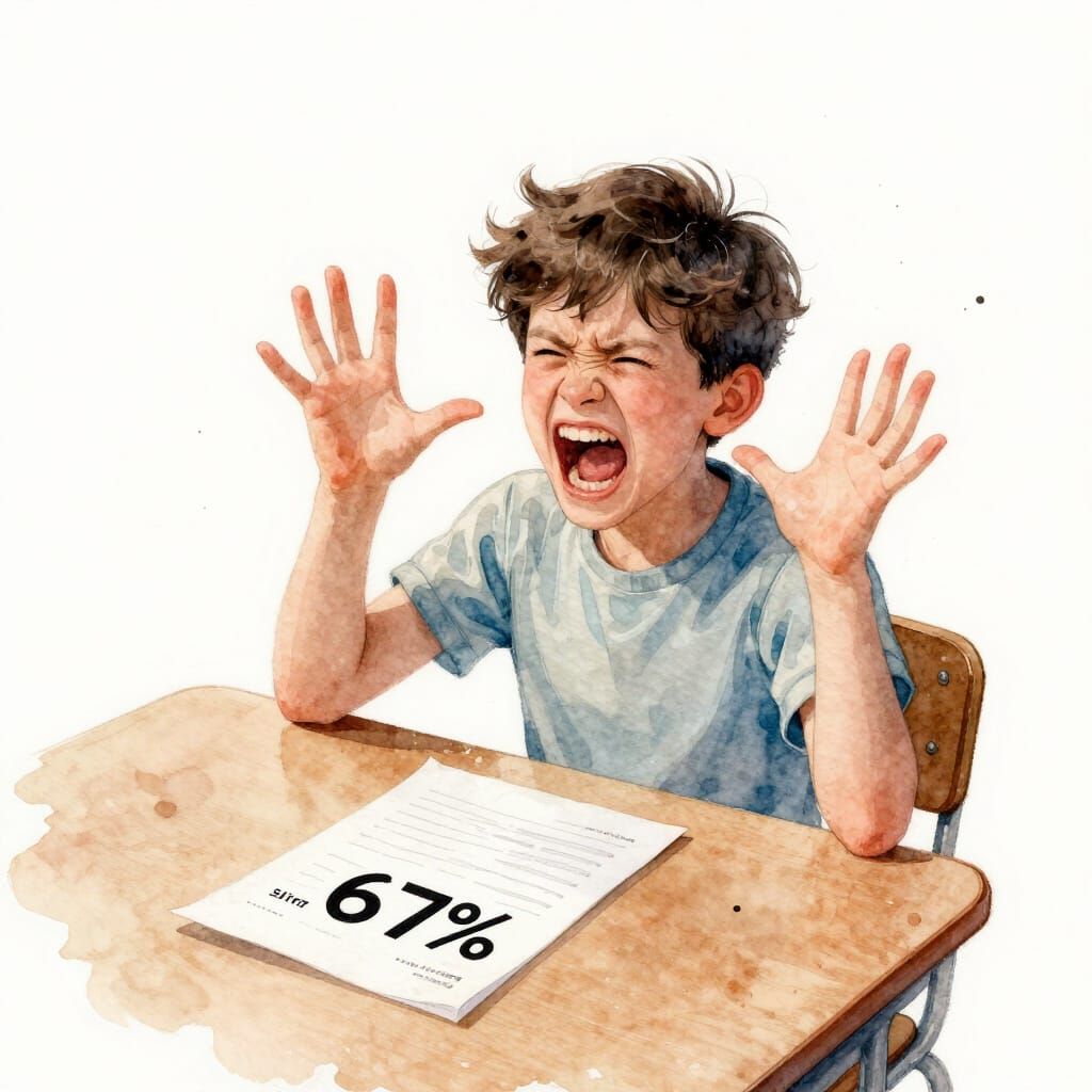 Watercolour of a Student Celebrating a 67% Exam Score