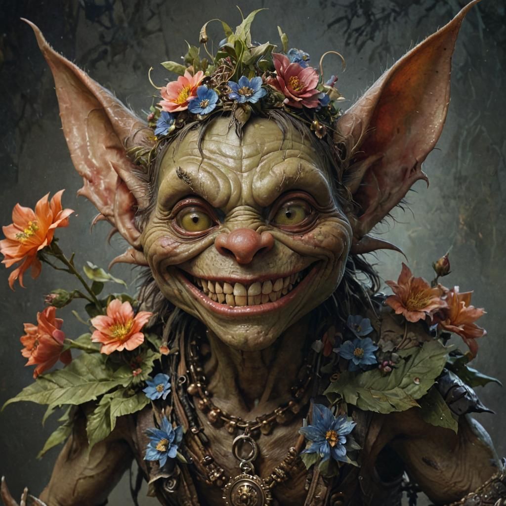 Charming Goblin Portrait with Flower Crown