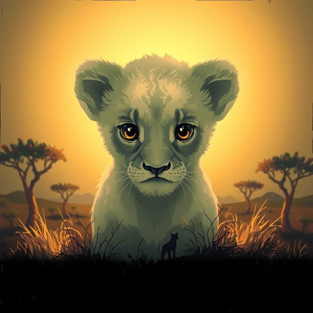 Glowing Lion Cub in Retrofuturistic Style