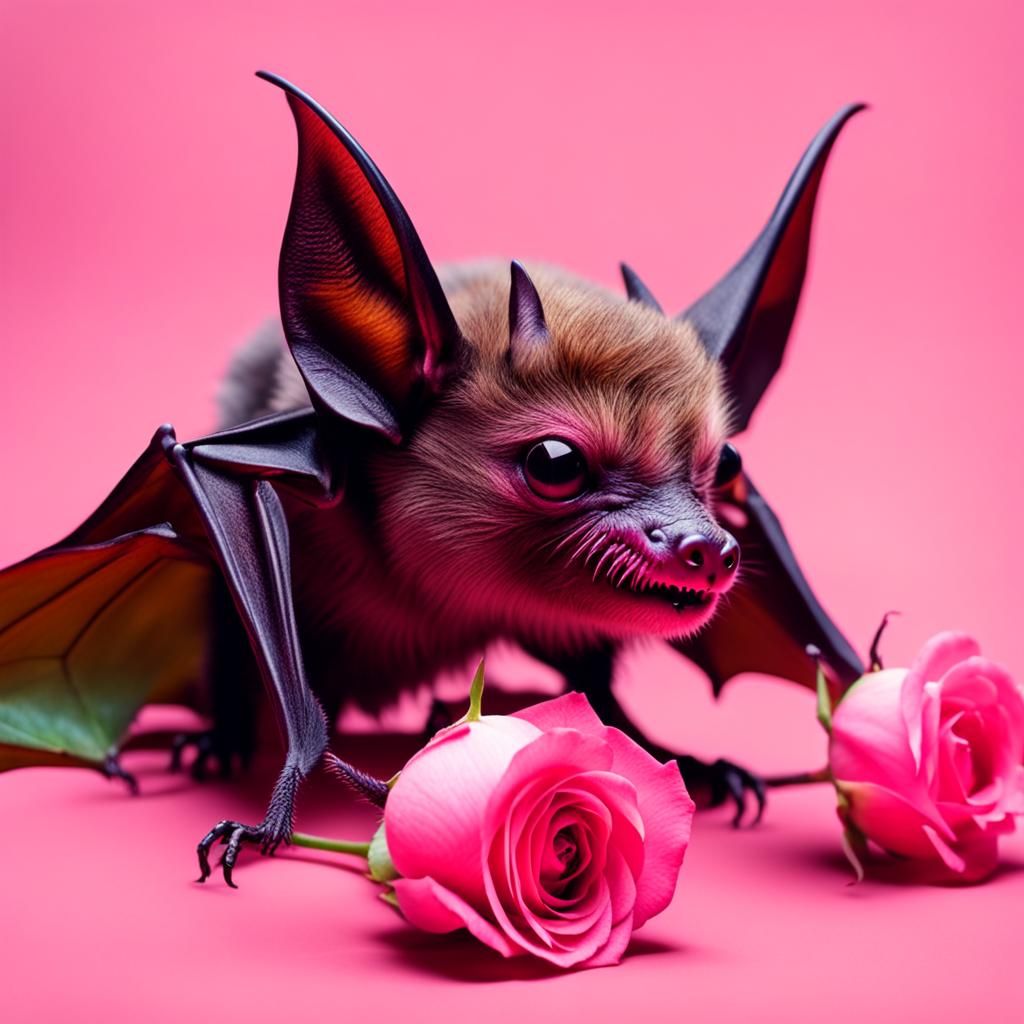 Adorable Bat Enjoys Pink Rose in Hyperrealism