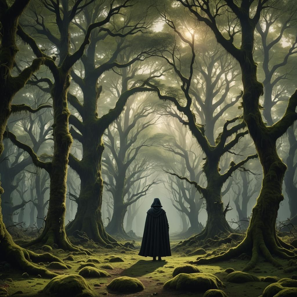 Figure in Black Cloak in Stunning Forest