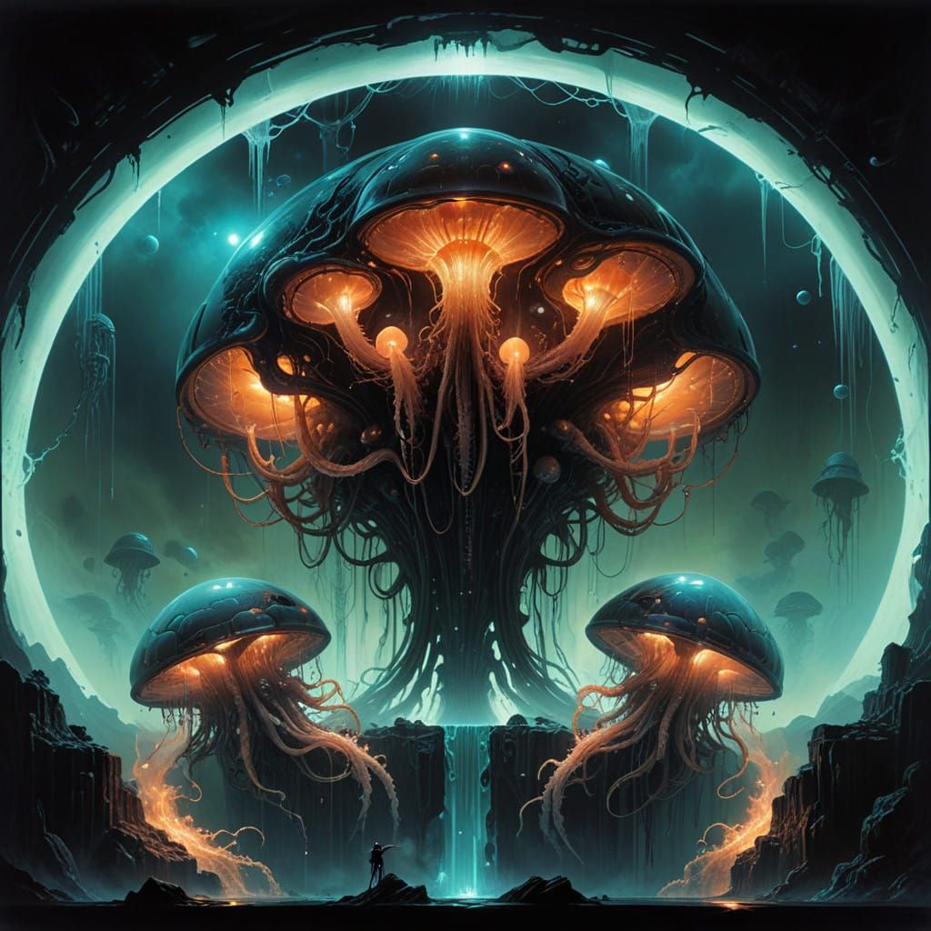 Biomechanical Entity Surrounded by Ethereal Metroids in a Da...